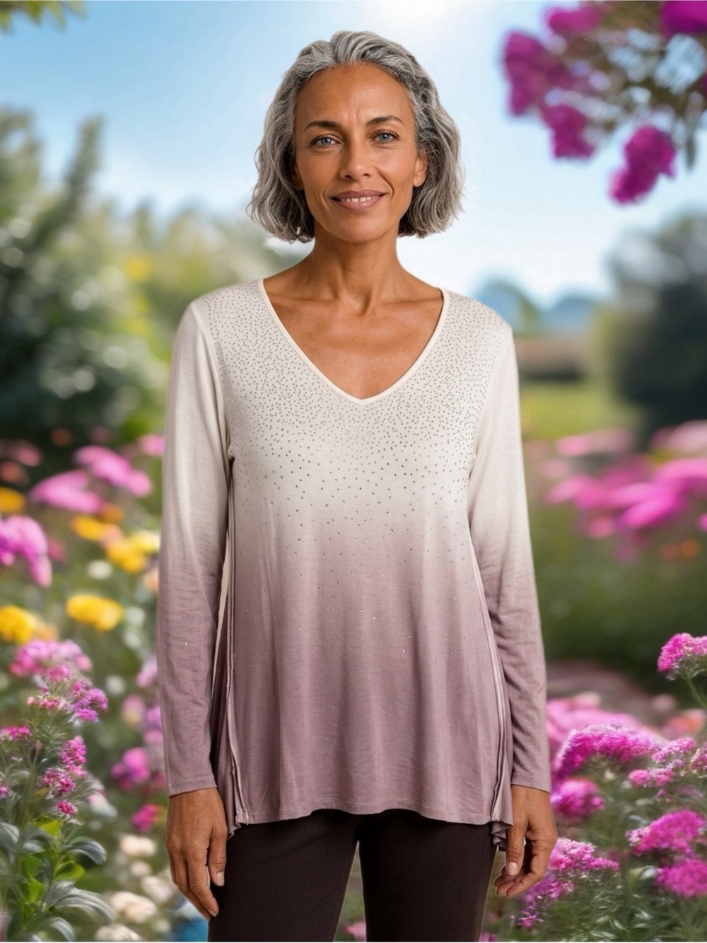 Vocal Mauve-to-Blush Ombre V-Neck Long Sleeve Top with Crystals
